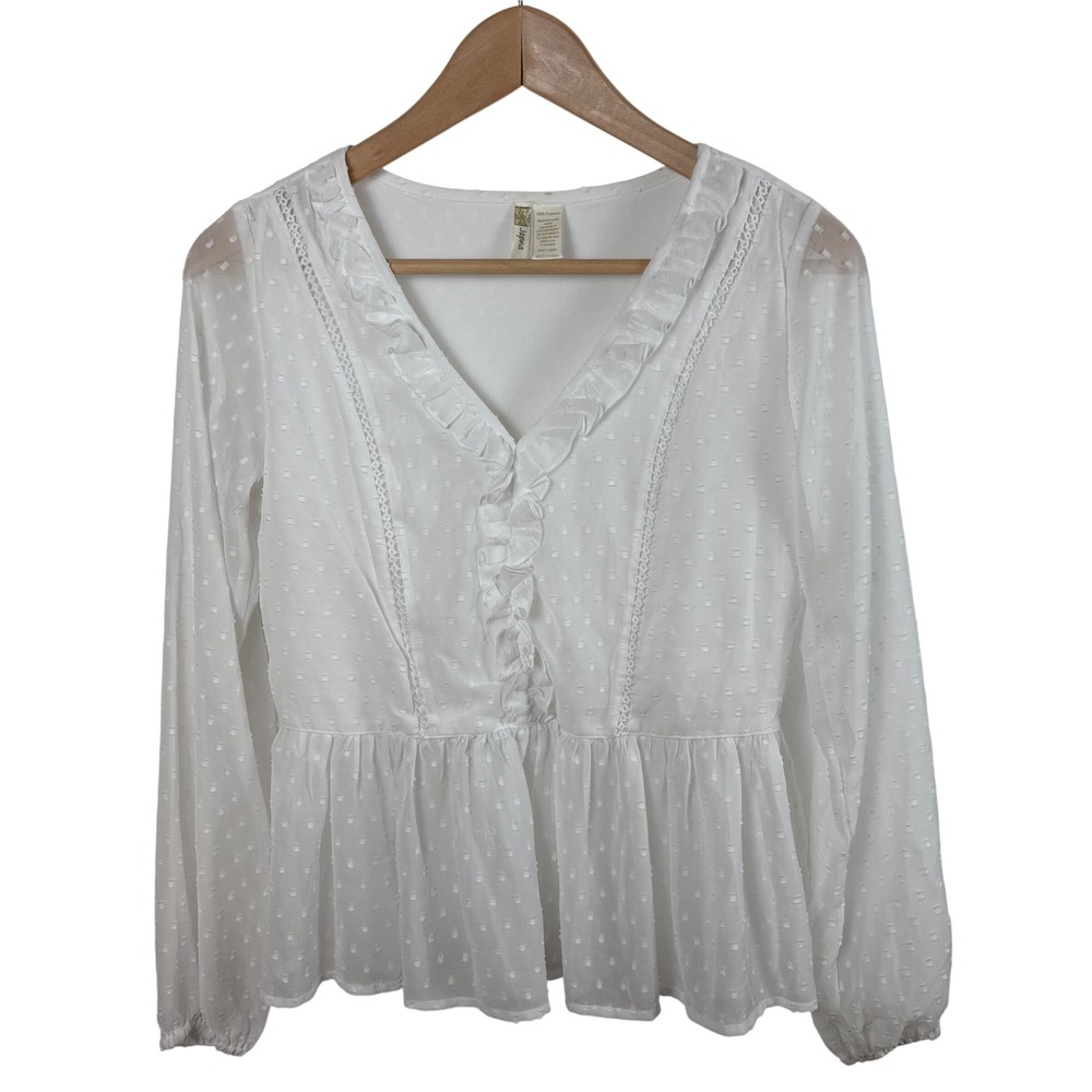 Japna White Ruffled Swiss Dot Peplum‎ V-Neck Blouse Size XS Fairycore Coquette